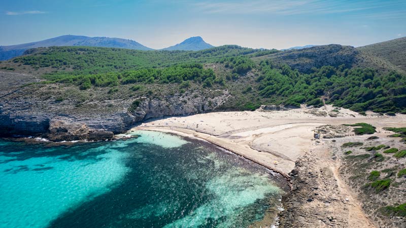 Left side aerial view of the beach of Cala Torta in Mallorca