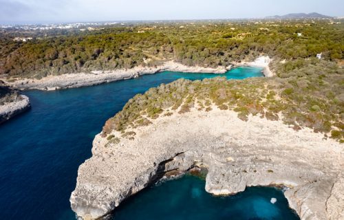 Foto aérea de Cala Sa Nau, su entorno y los pueblos cercanos al fondo