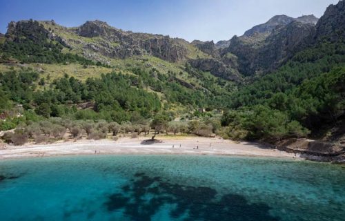 Vista frontal de la orilla de Cala Tuent con la Sierra de Tramuntana de fondo